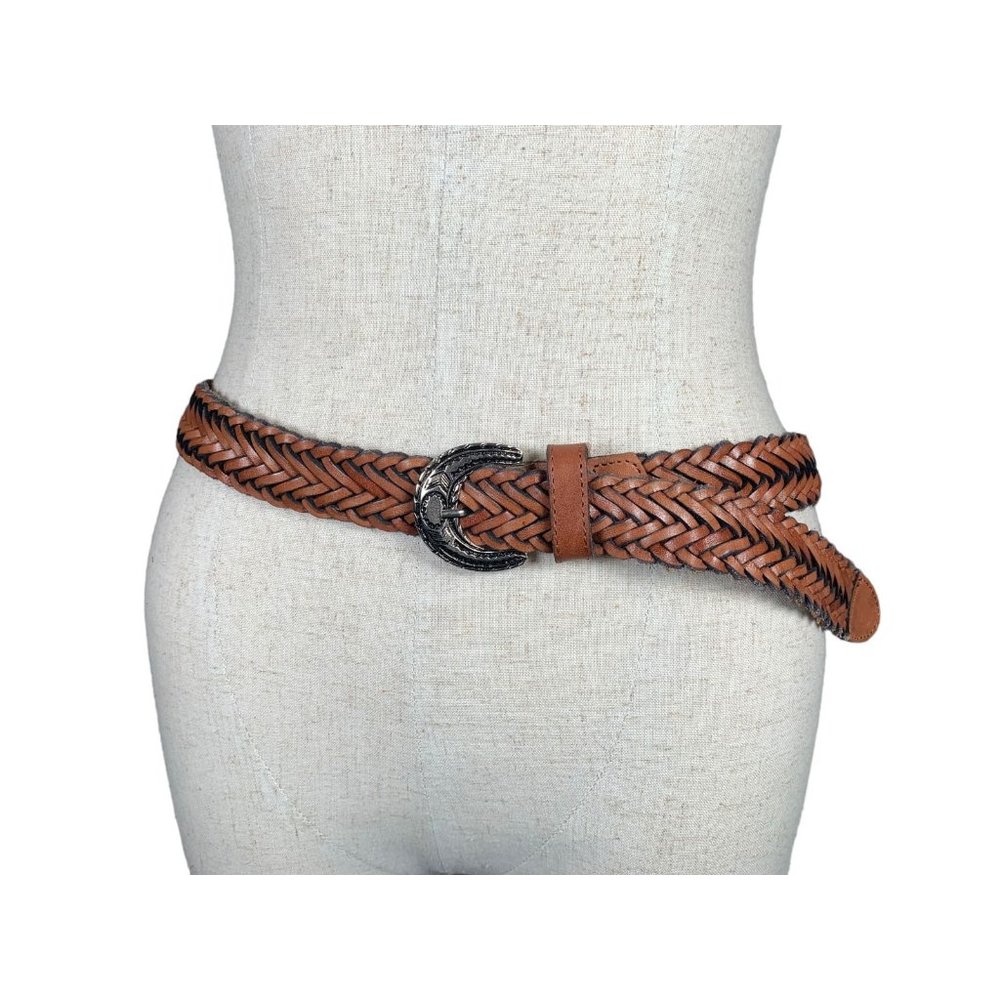 Vintage Womens Braided Belt Leather Brown Medium Solid Silver Tone Buckle Nice‎